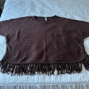 NY Collection Brown Poncho with Fringe